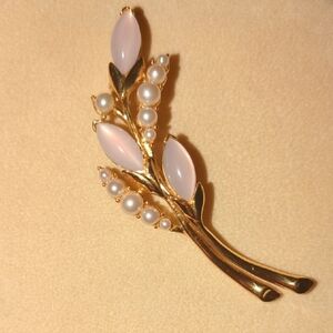 Trifari TM Pink and Gold Floral Brooch with Rhinestones